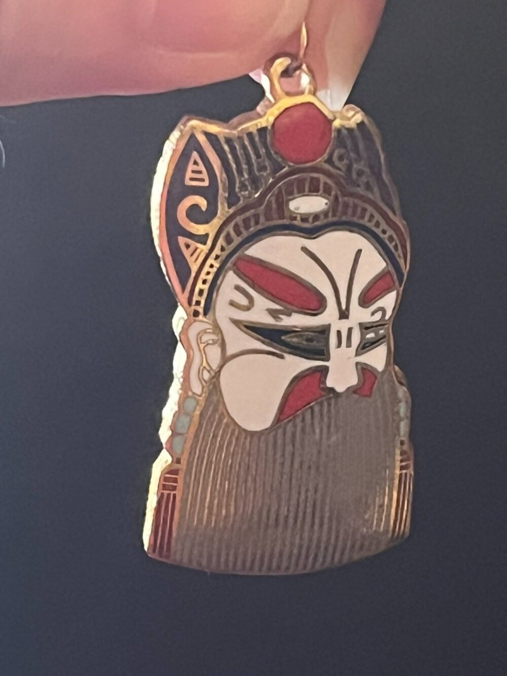 🎭Rare Vintage Enamel & Brass Chinese Opera Mask Pendant Set – Orig Brocade Box - Picture 9 of 16